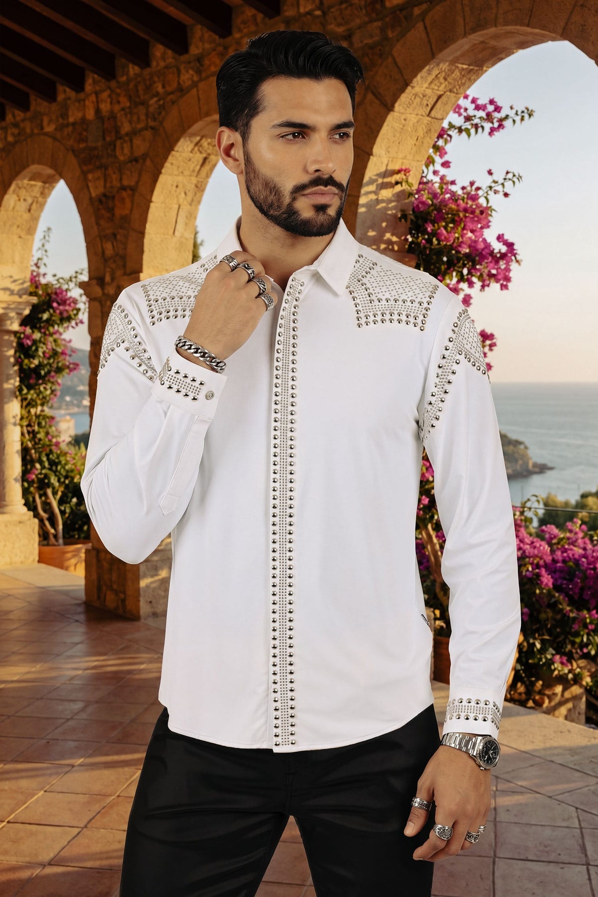 Barabas Men's Studded Premium Solid Long Sleeve Shirts 3B24 White Silver