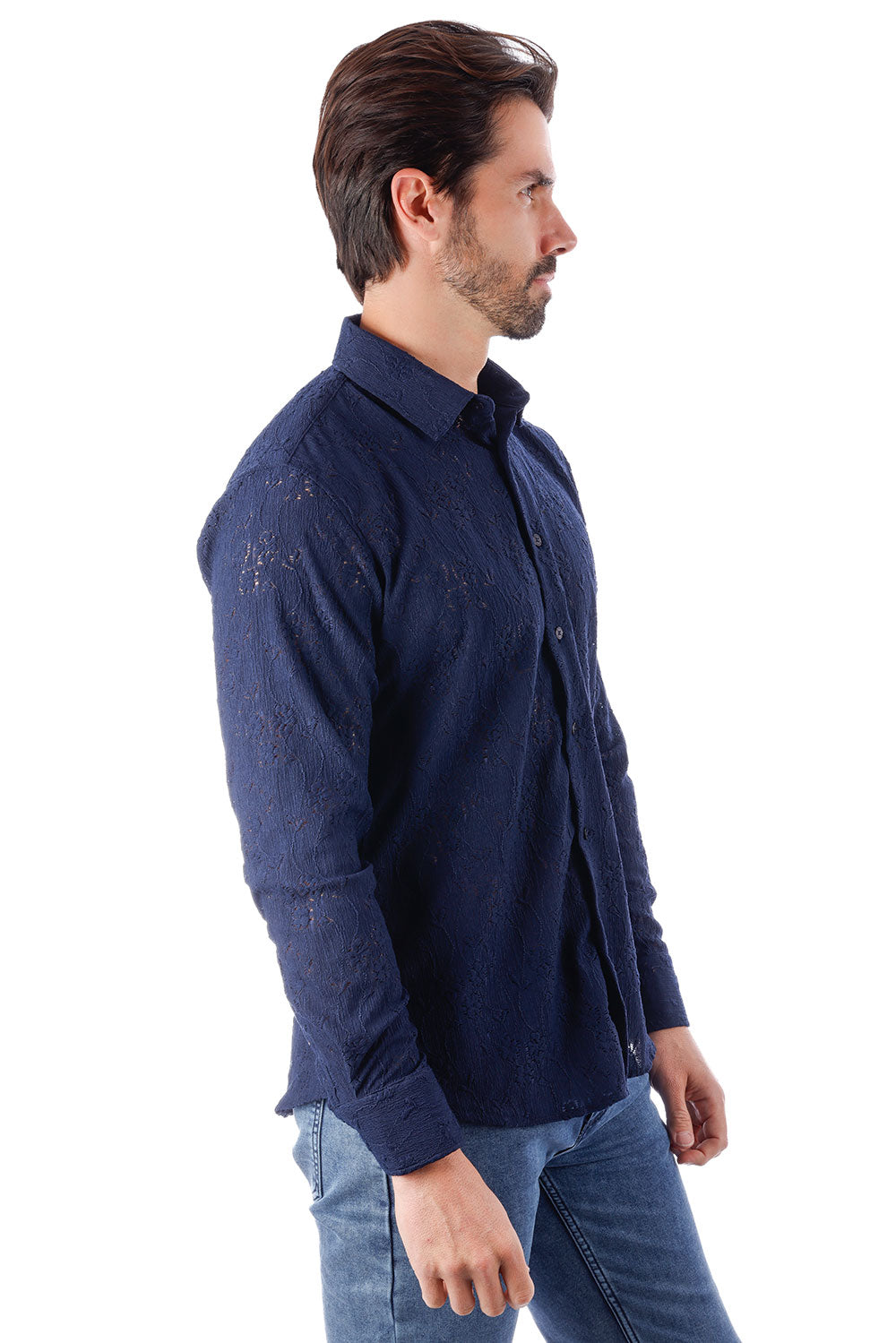 BARABAS Men's Lace See Through Stretch Sheer Long Sleeve Shirts 3B25 Navy