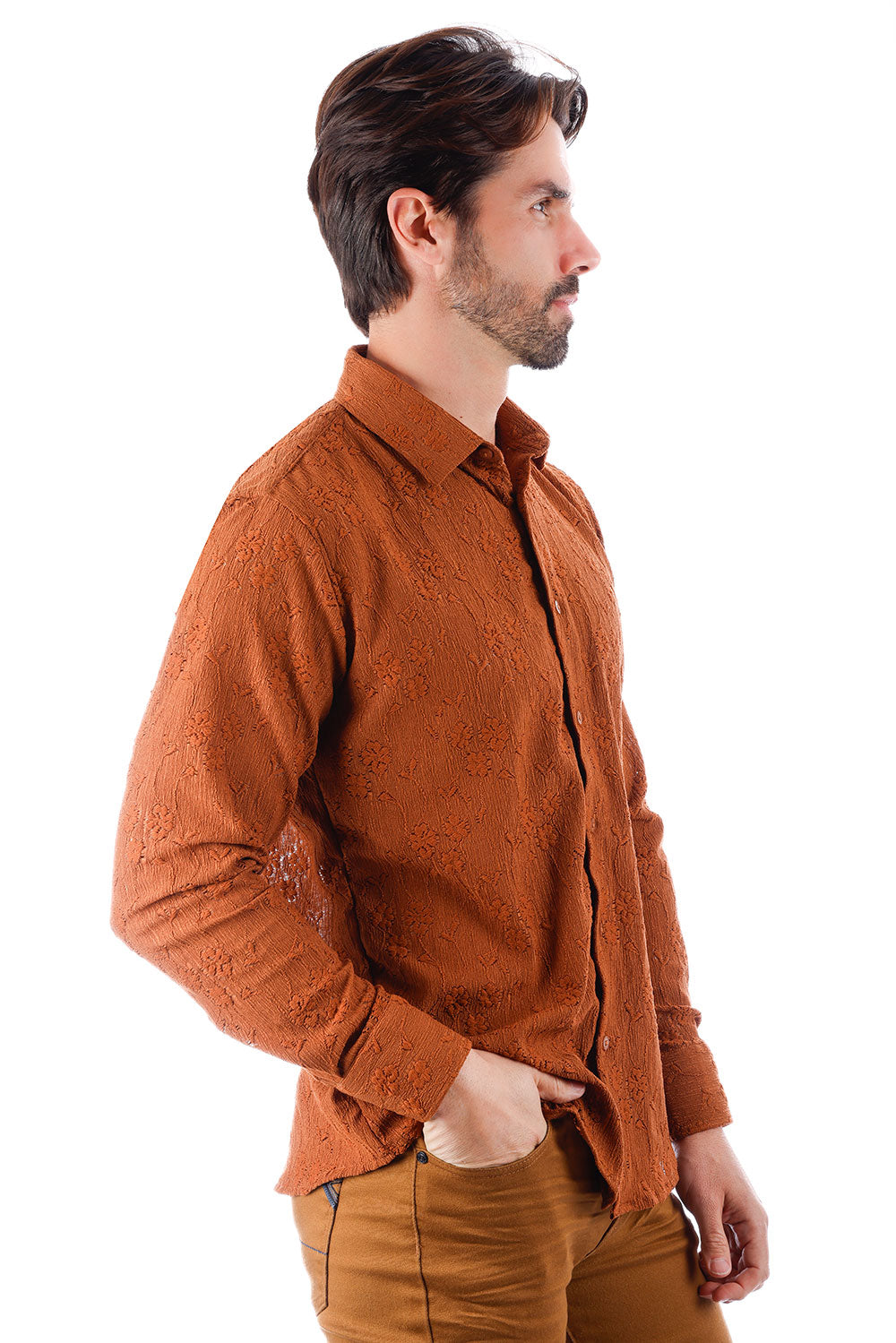 BARABAS Men's Lace See Through Stretch Sheer Long Sleeve Shirts 3B25 Nutshell