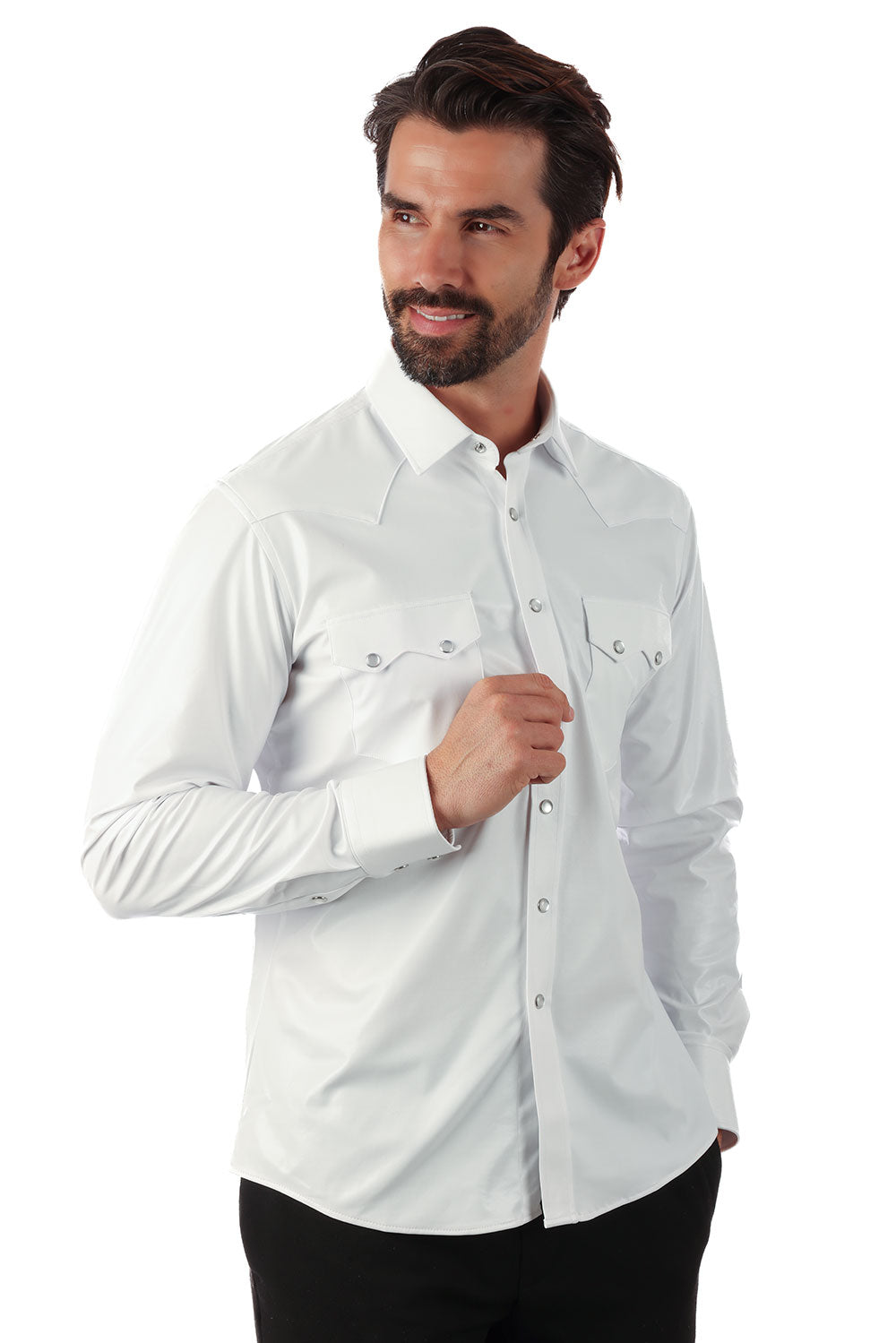 BARABAS Men's Shiny Metallic Stretch Long Sleeve Shirts 3B28 White