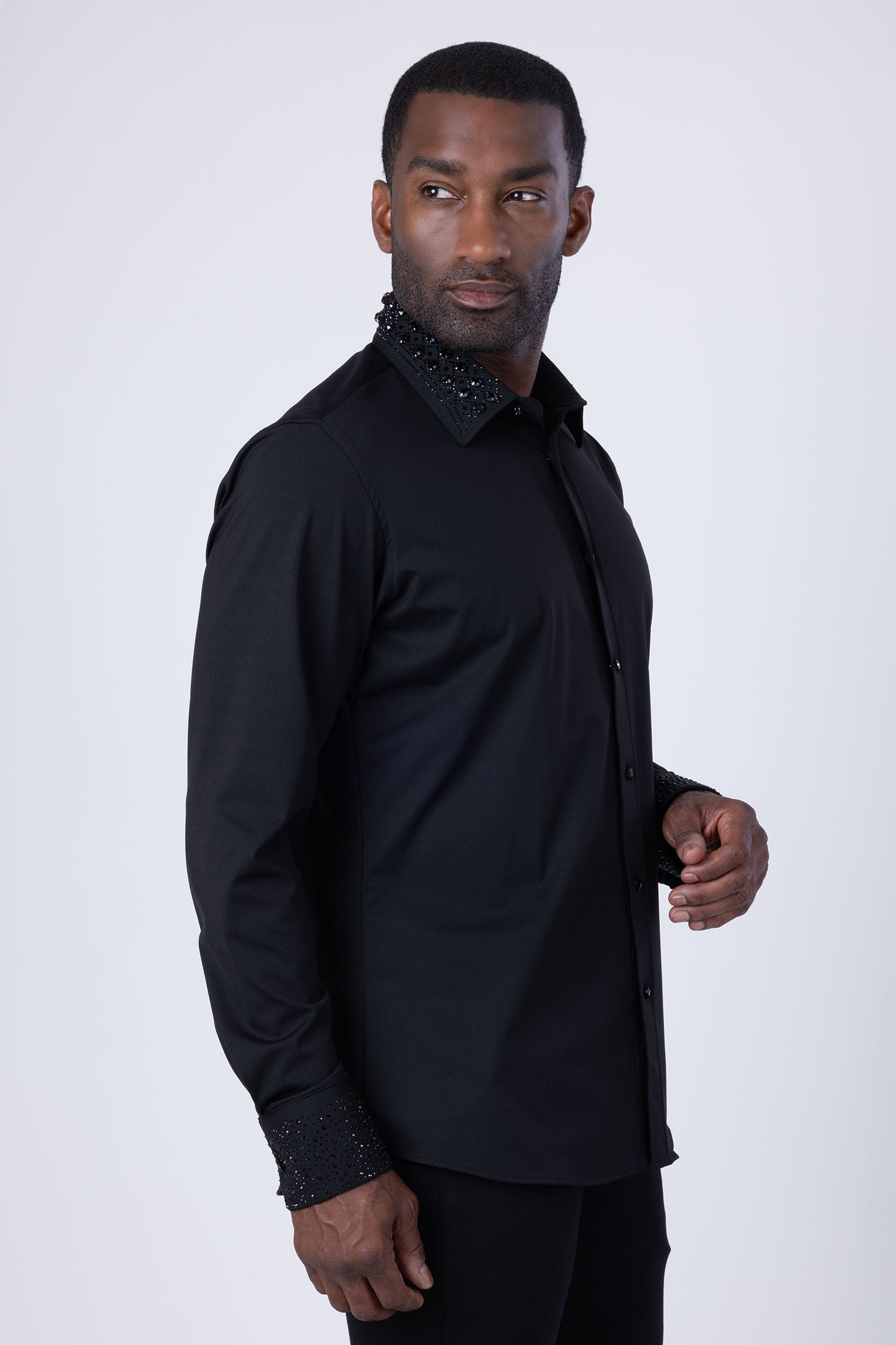 BARABAS Men's Rhinestone Collar Cuff Long Sleeve Shirt 3B29 Black Black