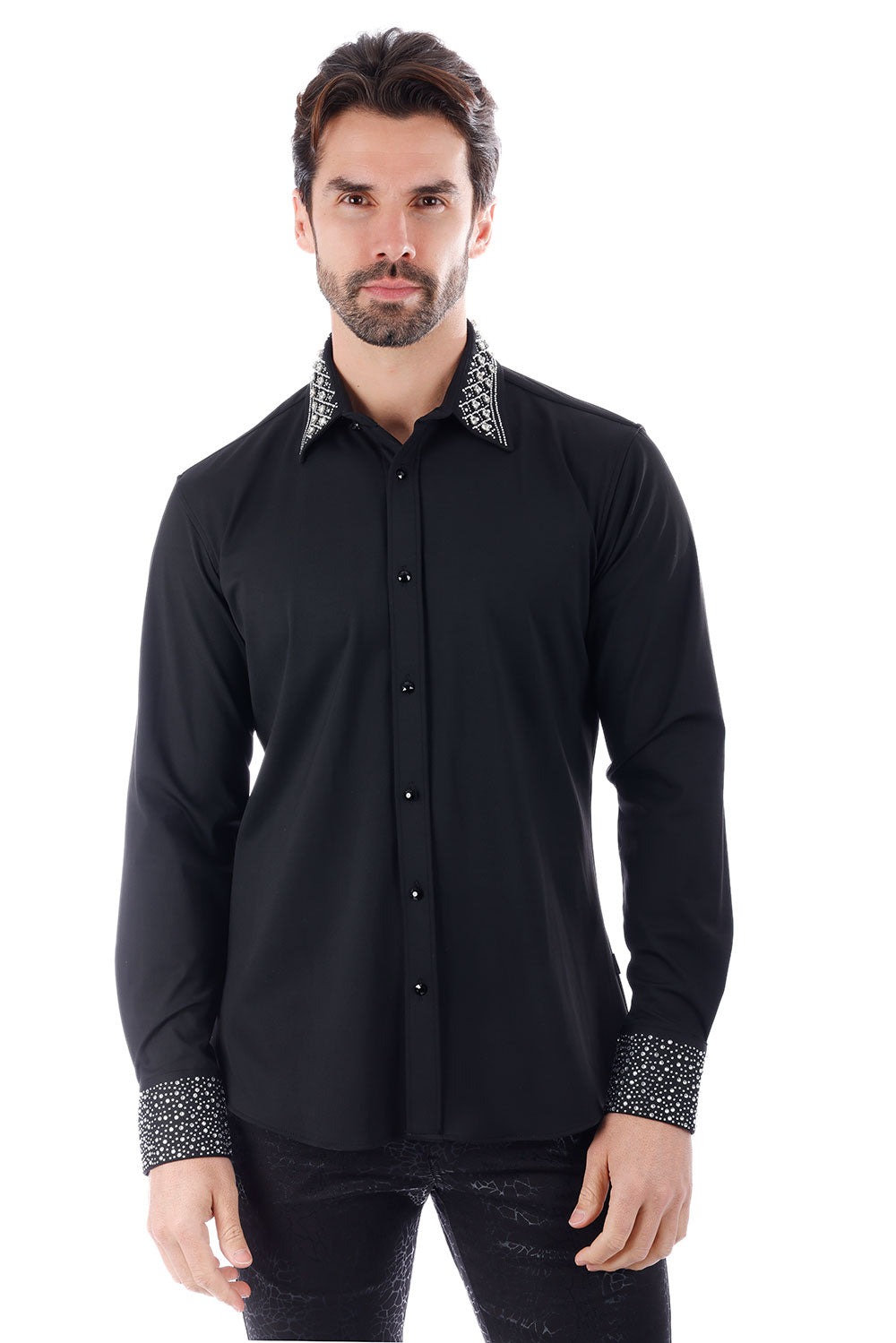 BARABAS Men's Rhinestone Collar Cuff Long Sleeve Shirt 3B29 Black
