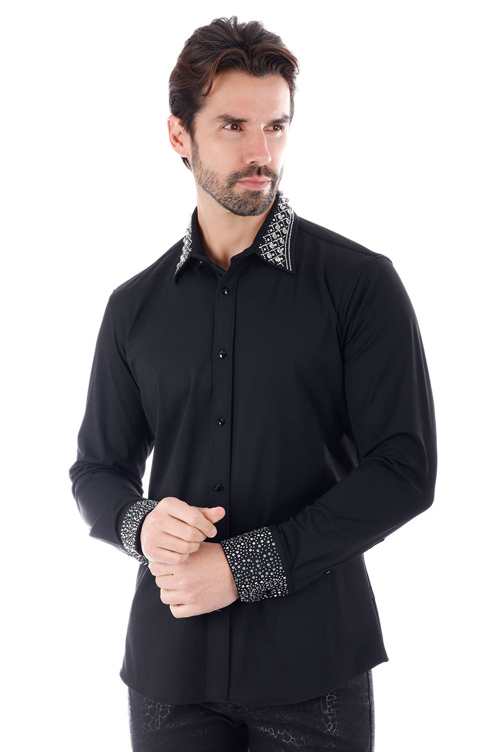 BARABAS Men's Rhinestone Collar Cuff Long Sleeve Shirt 3B29 Black