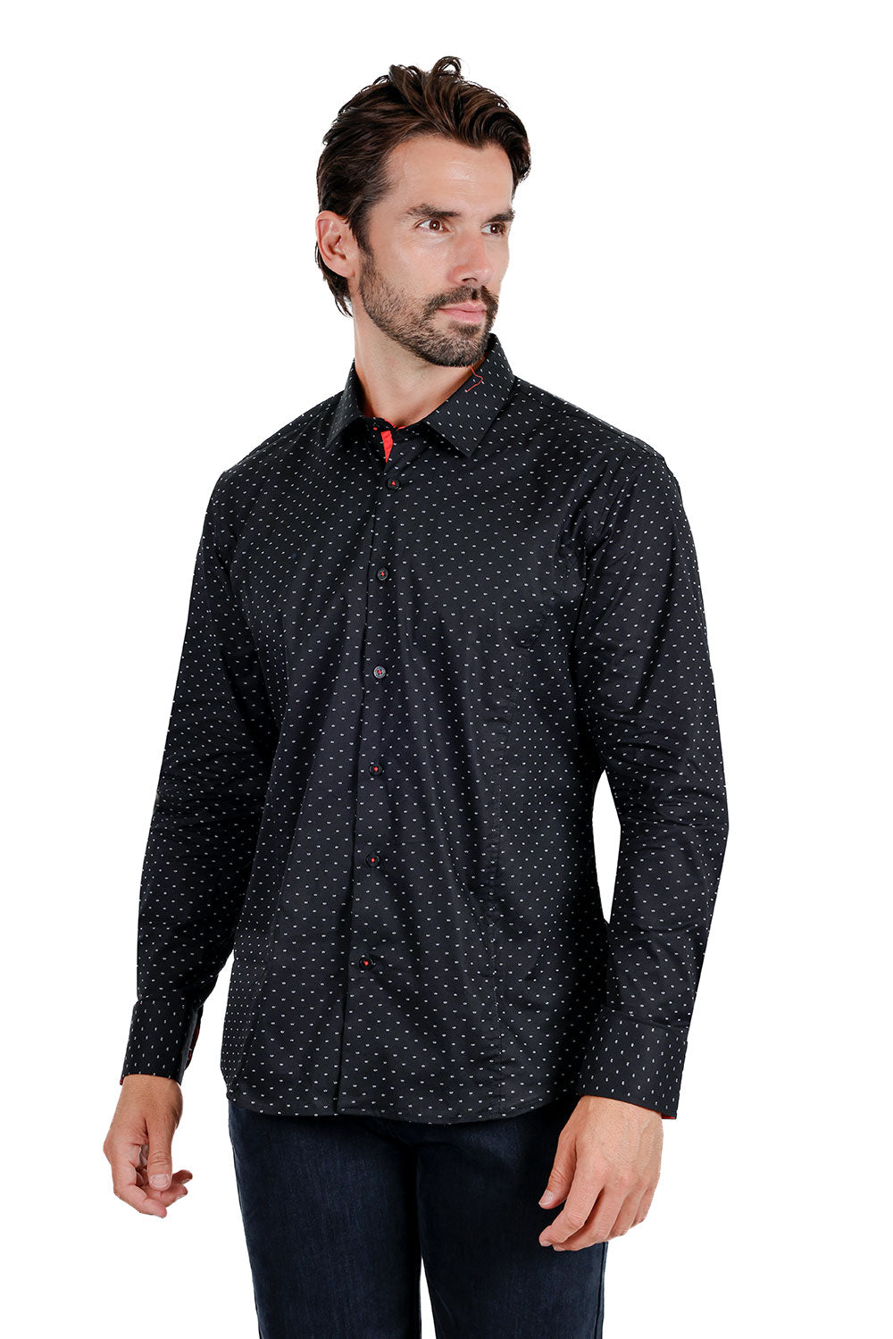 BARABAS Men's Solid Color Polka Dot Print Long Sleeve Shirts 3B358 Black
