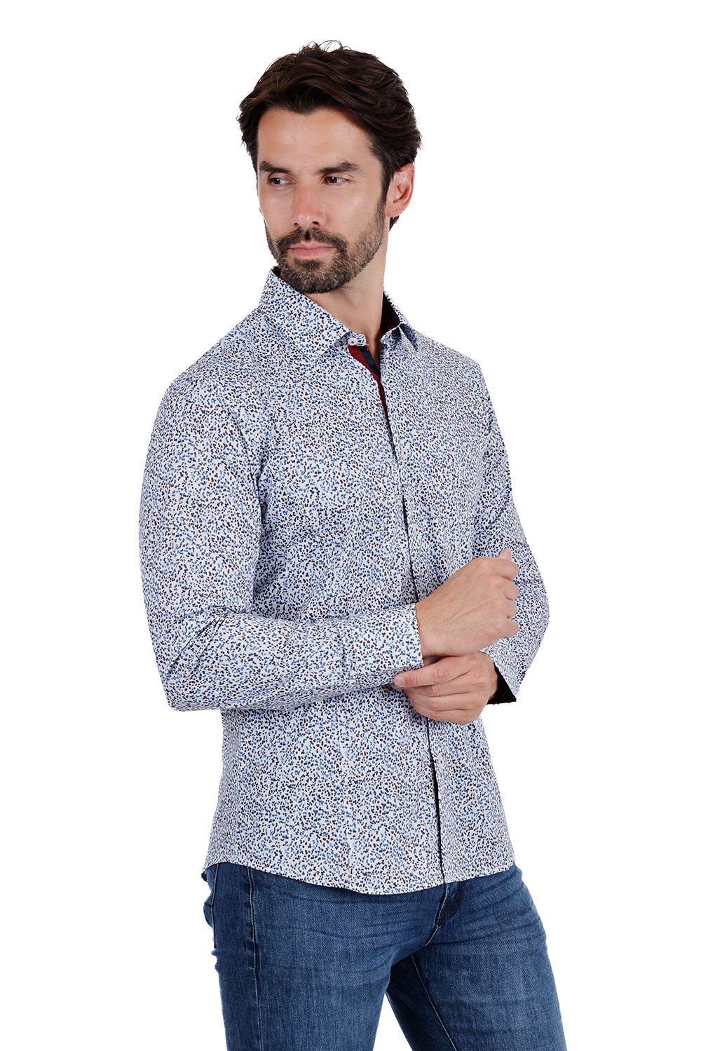 BARABAS Men's Floral Petals Print Long Sleeve Shirts 3B360 Blue