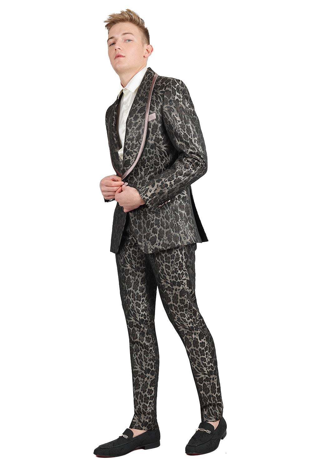 BARABAS Men's Metallic Leopard Animal Printed Shawl Lapel Blazer 3BL01 Chocolate
