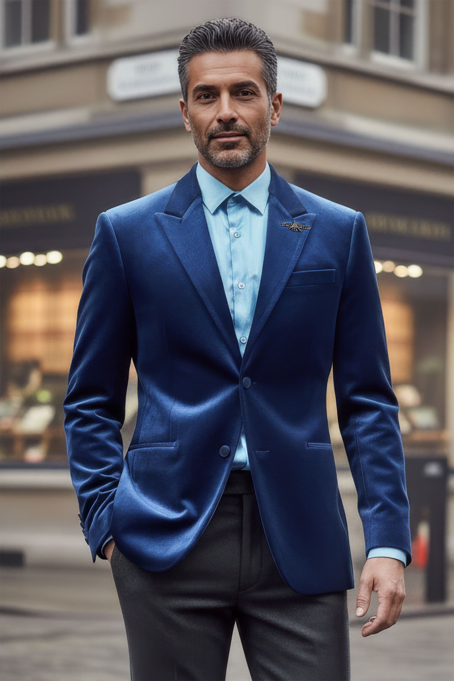 BARABAS Men's Velvet Shiny Finish Peak Lapel Blazer 3BL04 Blue