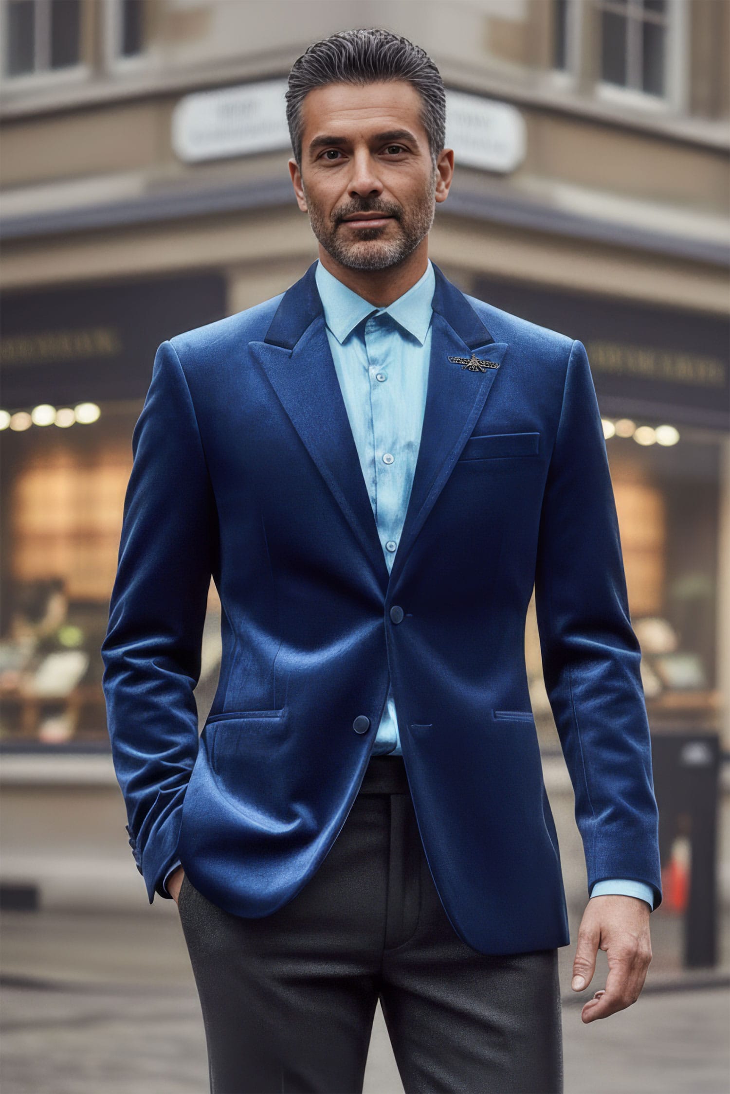BARABAS Men's Velvet Shiny Finish Peak Lapel Blazer 3BL04 Blue
