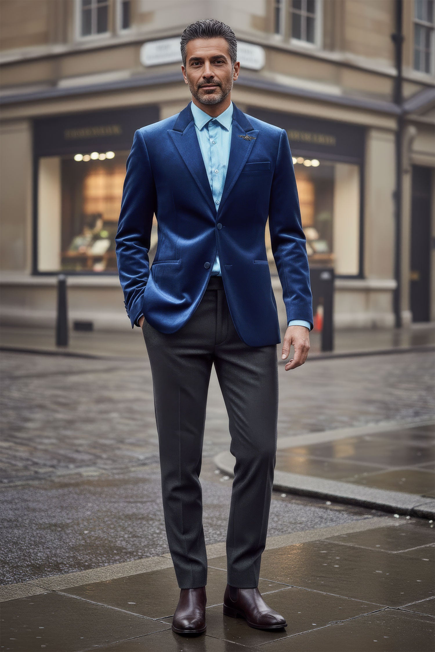 BARABAS Men's Velvet Shiny Finish Peak Lapel Blazer 3BL04 Blue