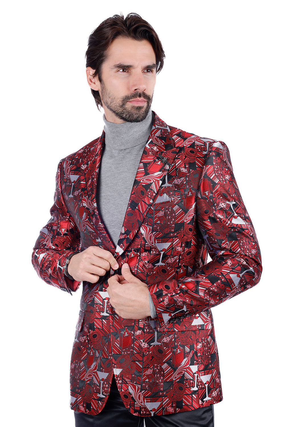 Barabas Men's Geometric Cubism Peak Lapel Blazer 3BL20 Burgundy