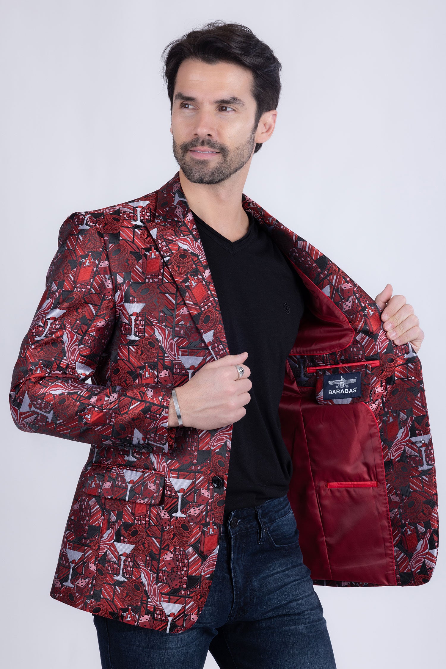 Barabas Men's Geometric Cubism Peak Lapel Blazer 3BL20 Burgundy