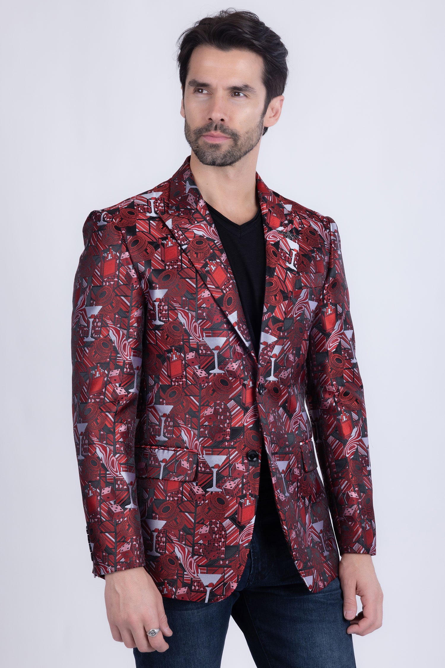 Barabas Men's Geometric Cubism Peak Lapel Blazer 3BL20 Burgundy
