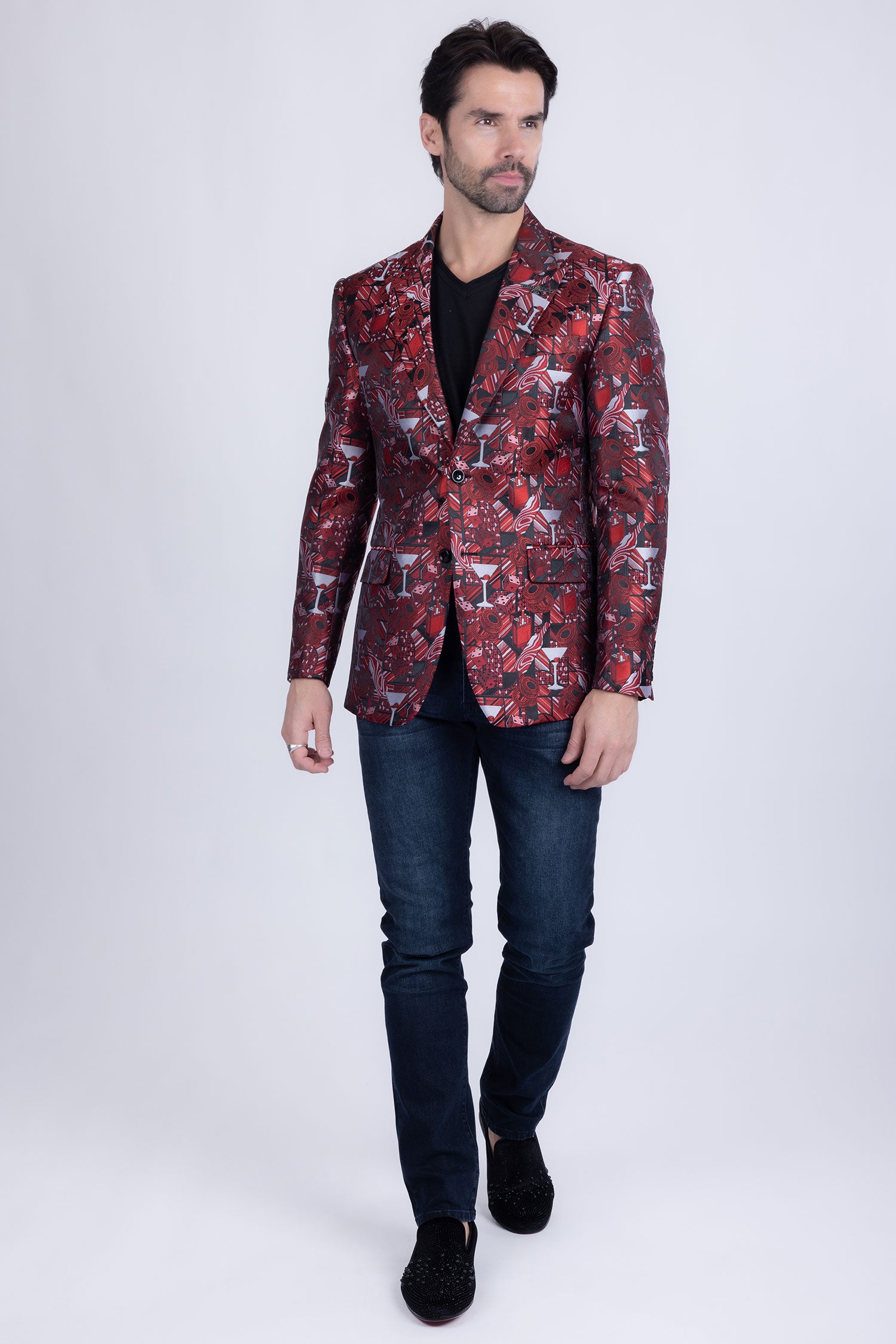 Barabas Men's Geometric Cubism Peak Lapel Blazer 3BL20 Burgundy