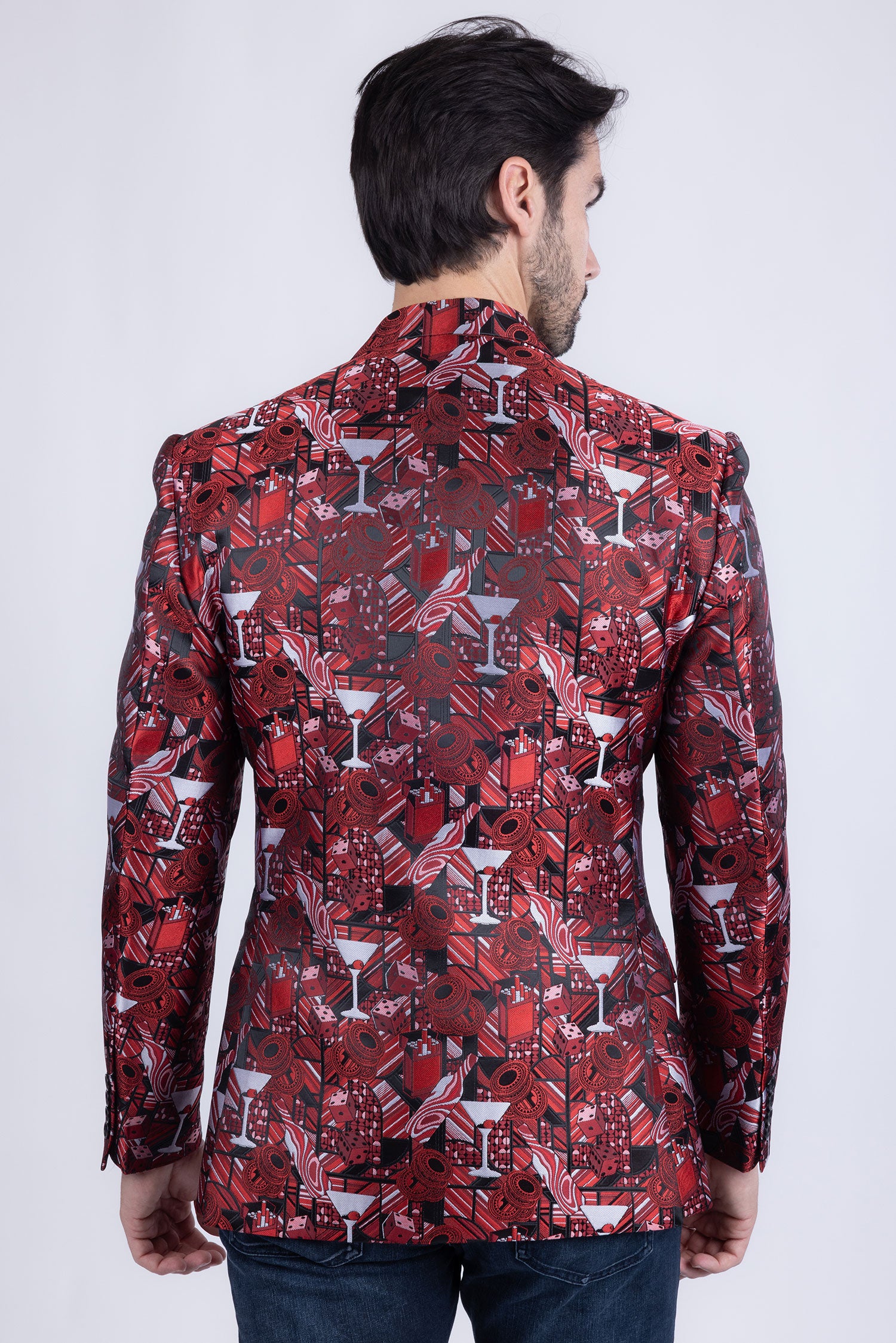 Barabas Men's Geometric Cubism Peak Lapel Blazer 3BL20 Burgundy