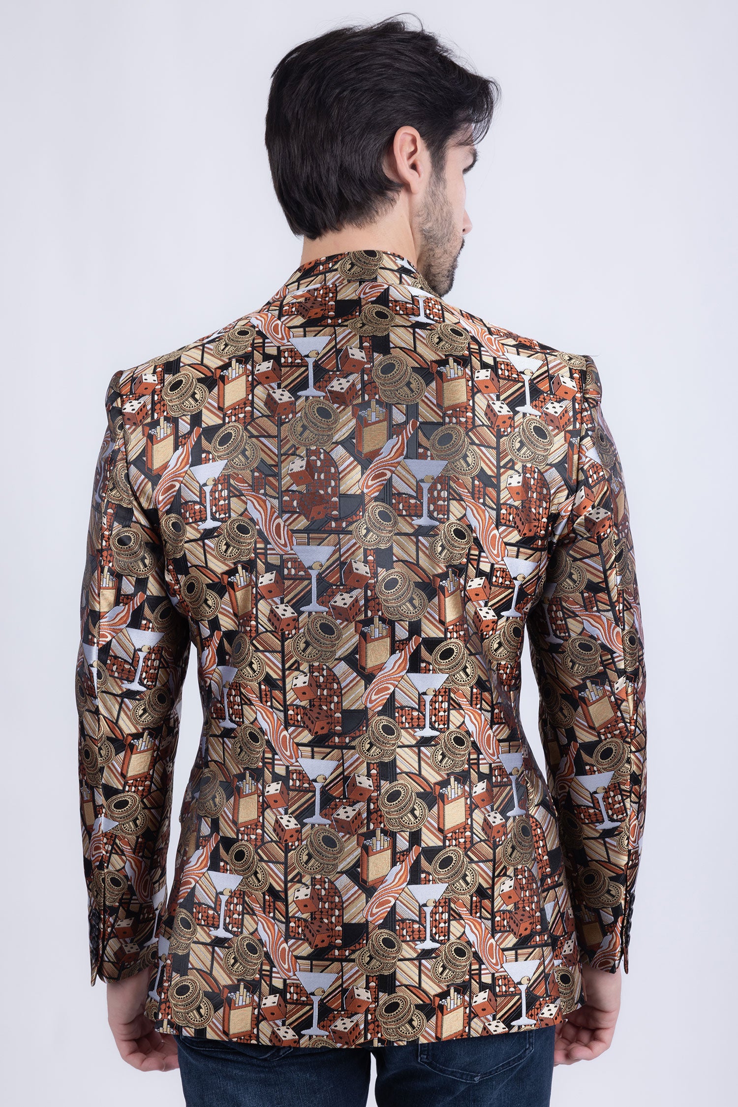 Barabas Men's Geometric Cubism Peak Lapel Blazer 3BL20 Gold