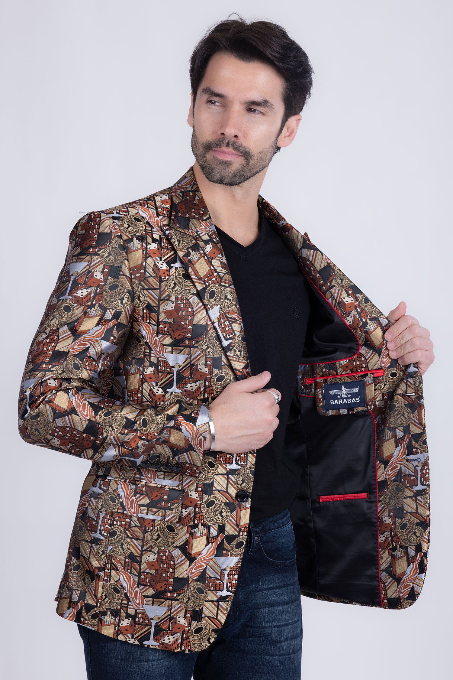 Barabas Men's Geometric Cubism Peak Lapel Blazer 3BL20 Gold
