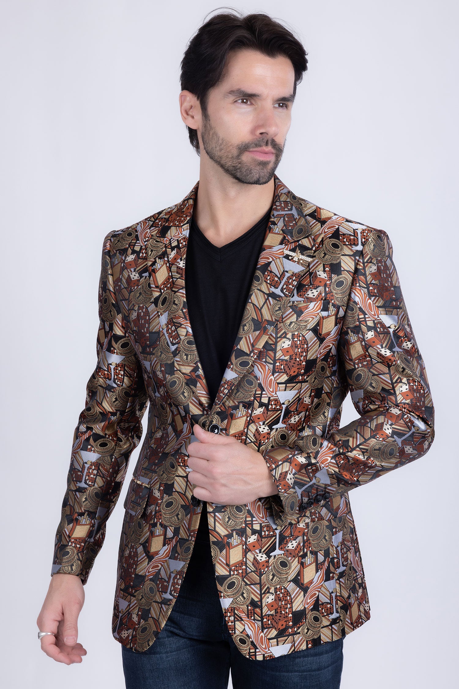 Barabas Men's Geometric Cubism Peak Lapel Blazer 3BL20 Gold