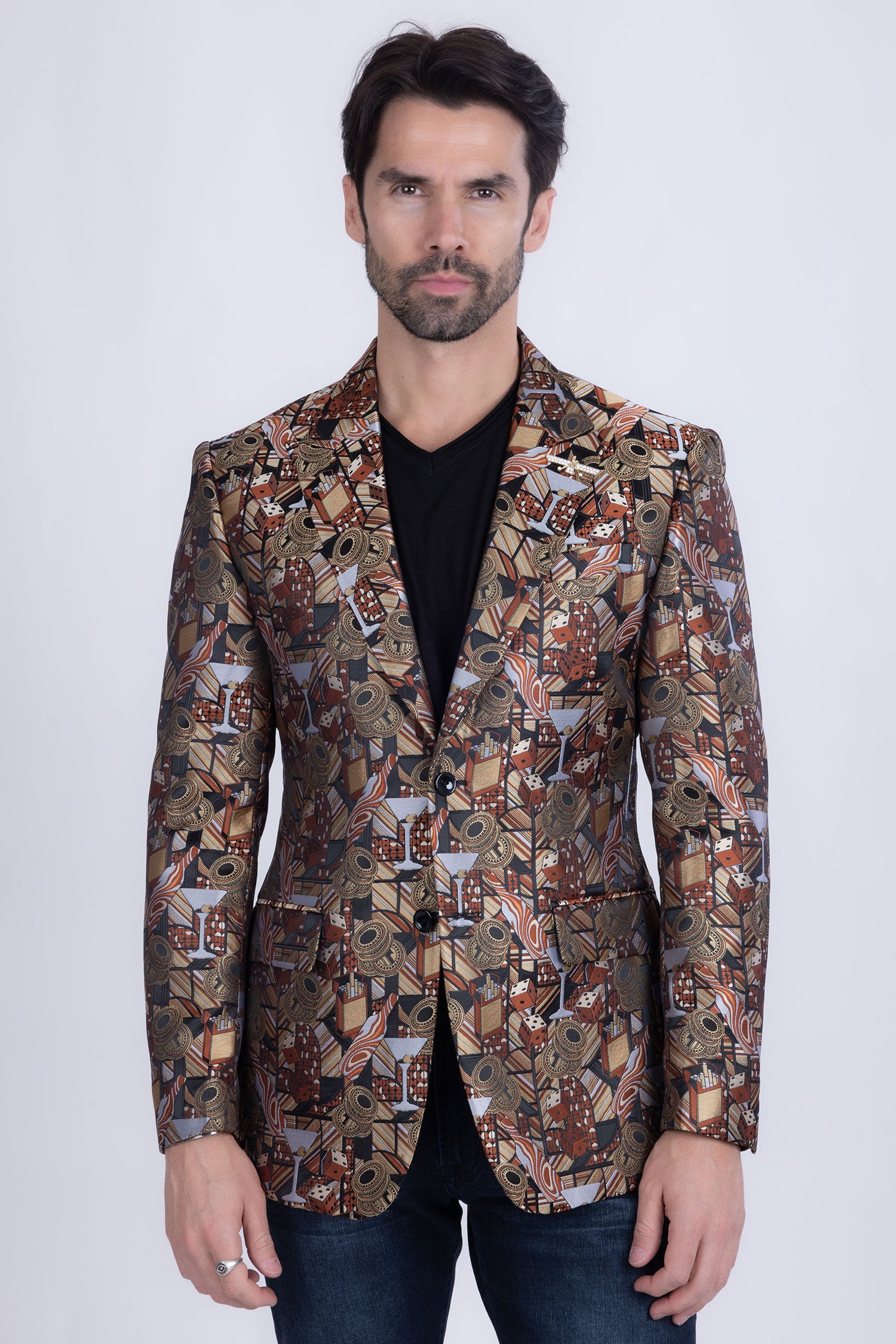 Barabas Men's Geometric Cubism Peak Lapel Blazer 3BL20 Gold