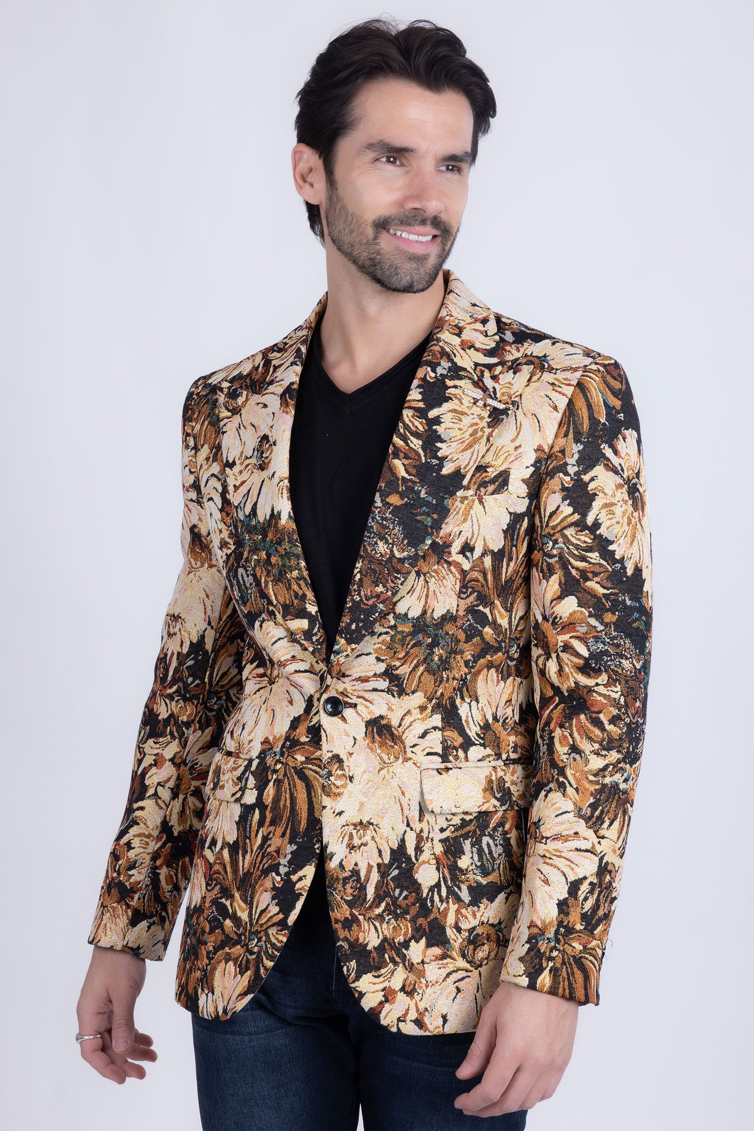 Barabas Men's Floral Printed Royal Peal Lapel Blazer 3BL21 Brown