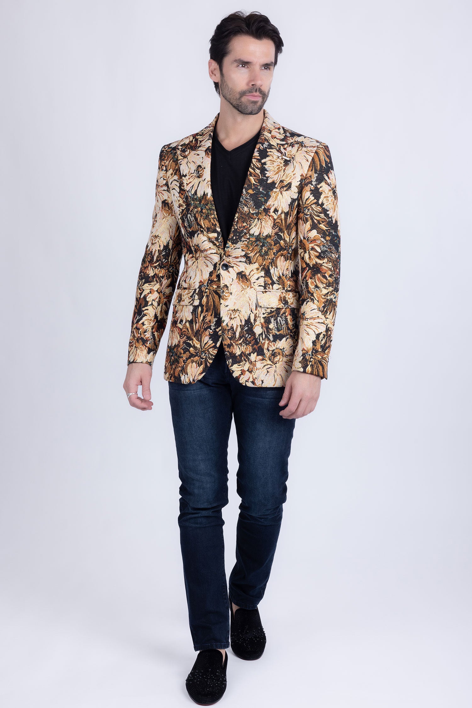 Barabas Men's Floral Printed Royal Peal Lapel Blazer 3BL21 Brown