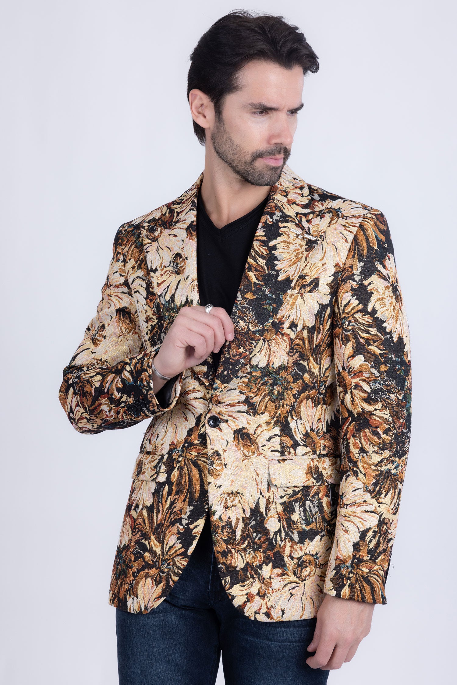 Barabas Men's Floral Printed Royal Peal Lapel Blazer 3BL21 Brown