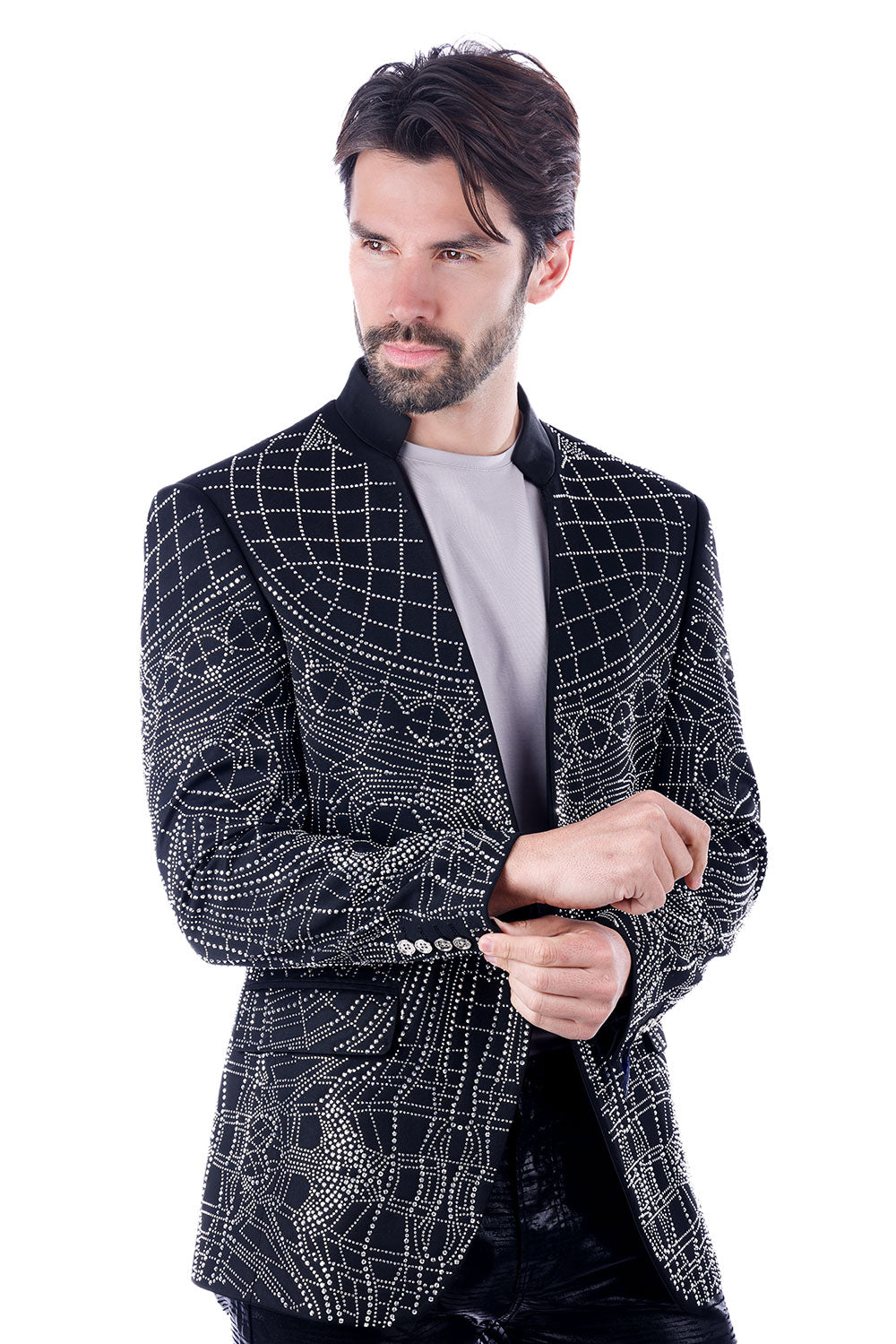 Barabas Men's Geometric Studded Henley Lapel Blazer 3BLR14 Black