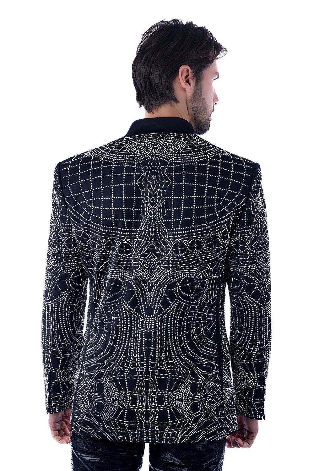 Barabas Men's Geometric Studded Henley Lapel Blazer 3BLR14 Black