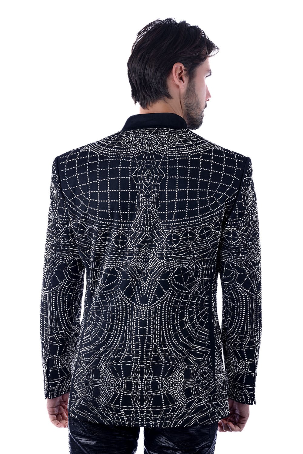 Barabas Men's Geometric Studded Henley Lapel Blazer 3BLR14 Black