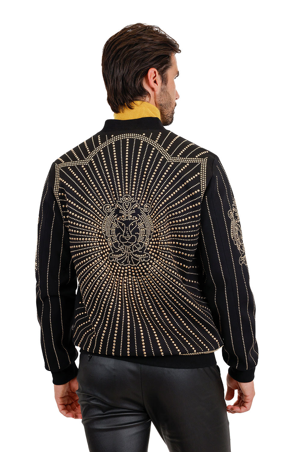 Barabas Men's Studded Lion Pattern Design Bomber Jacket 3BP28 Black Gold