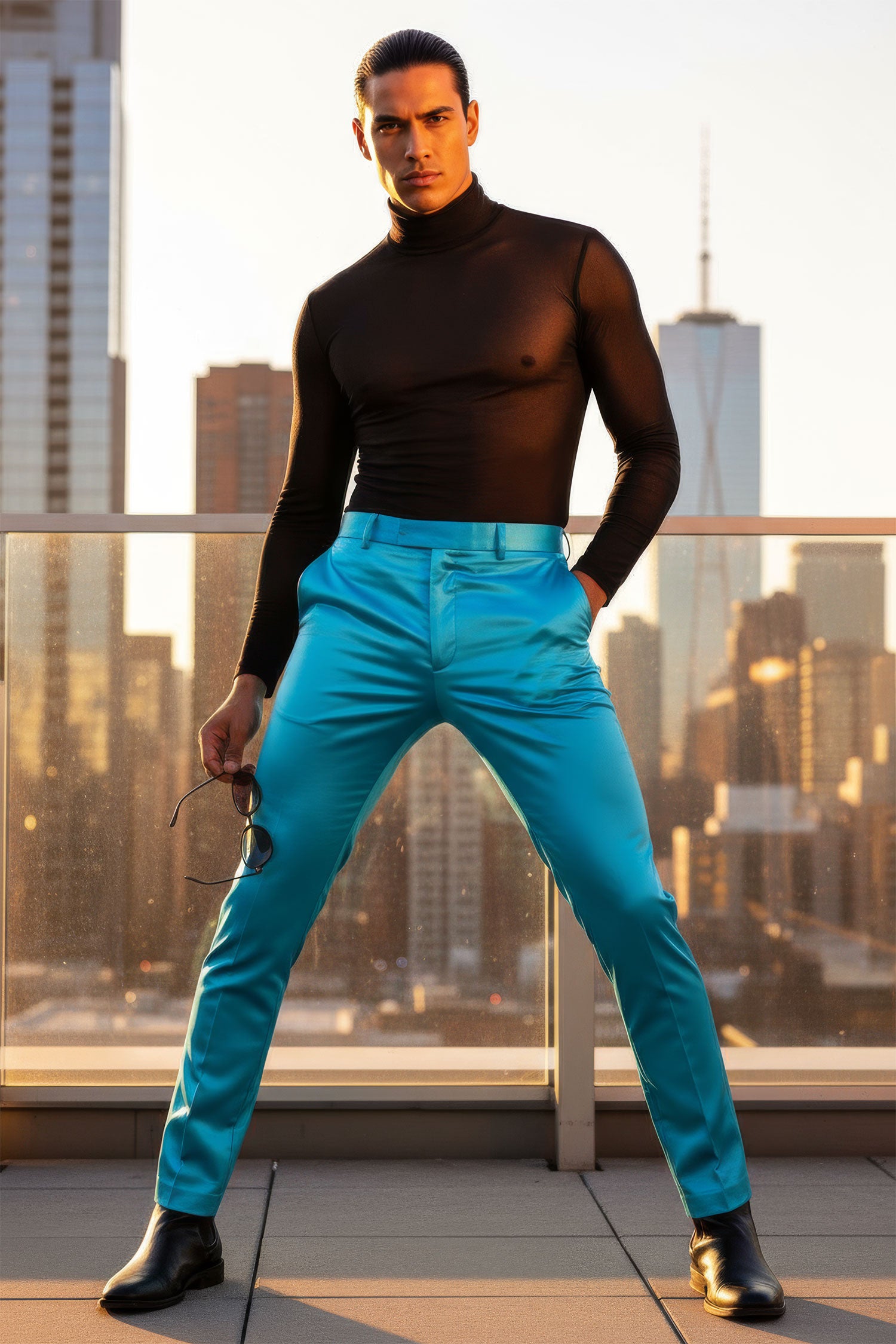 BARABAS Men's Solid Color Plain Shiny Chino Dress Pants 3CP02 Blue