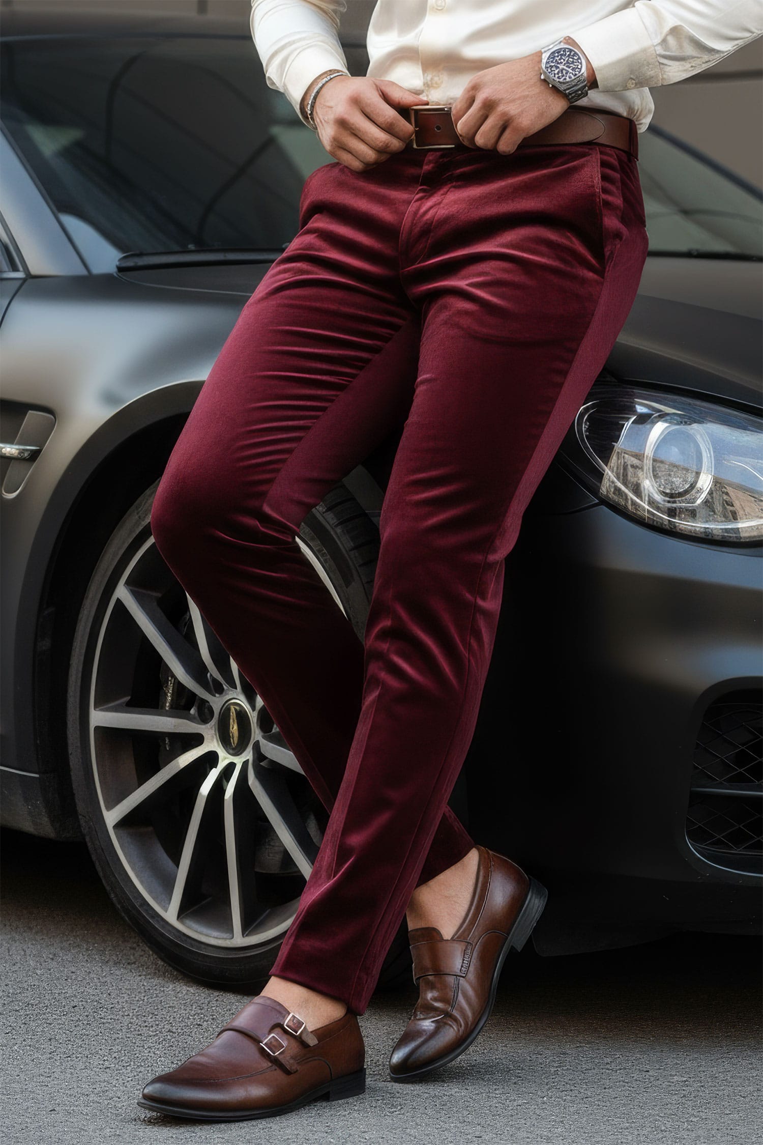 Barabas Men's Velvet Shiny Chino Solid Color Dress Pants 3CP06 Wine