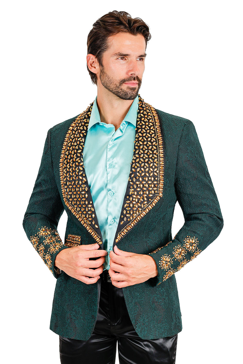 Barabas Elite Men's Rhinestone Luxury Shawl Collar Blazer 3EBL14 Green Gold