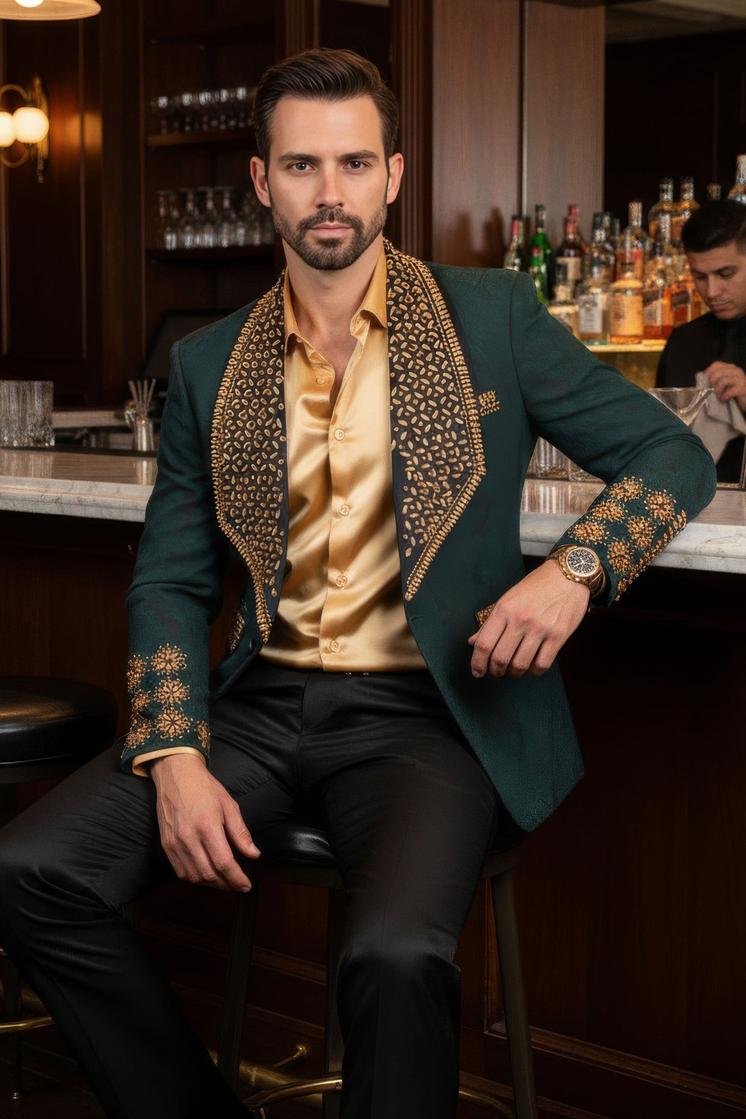 Barabas Elite Men's Rhinestone Luxury Shawl Collar Blazer 3EBL14 Green Gold