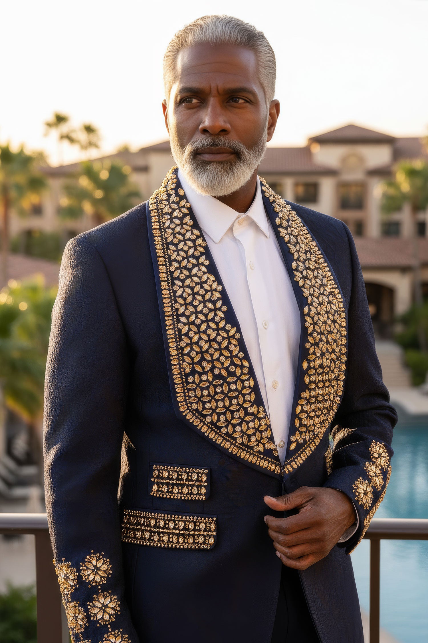 Barabas Elite Men's Rhinestone Luxury Shawl Collar Blazer 3EBL14 Navy Gold