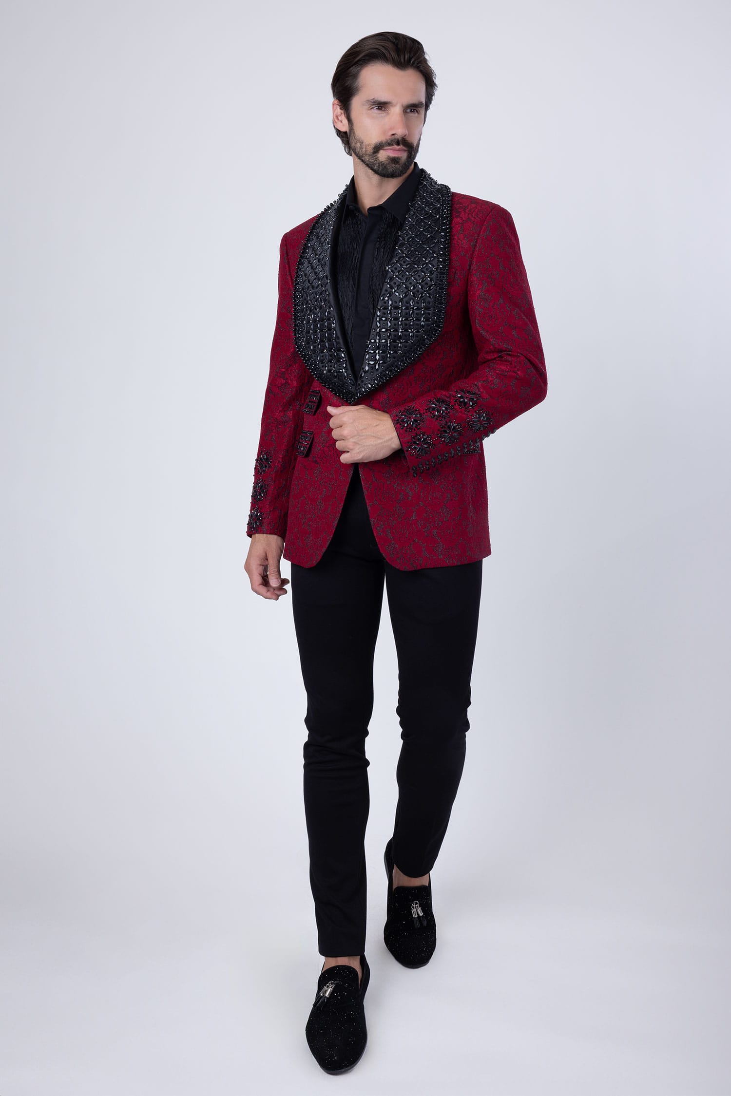 Barabas Elite Men's Rhinestone Floral Luxury Shawl Lapel Blazer 3EBL15 Red Black