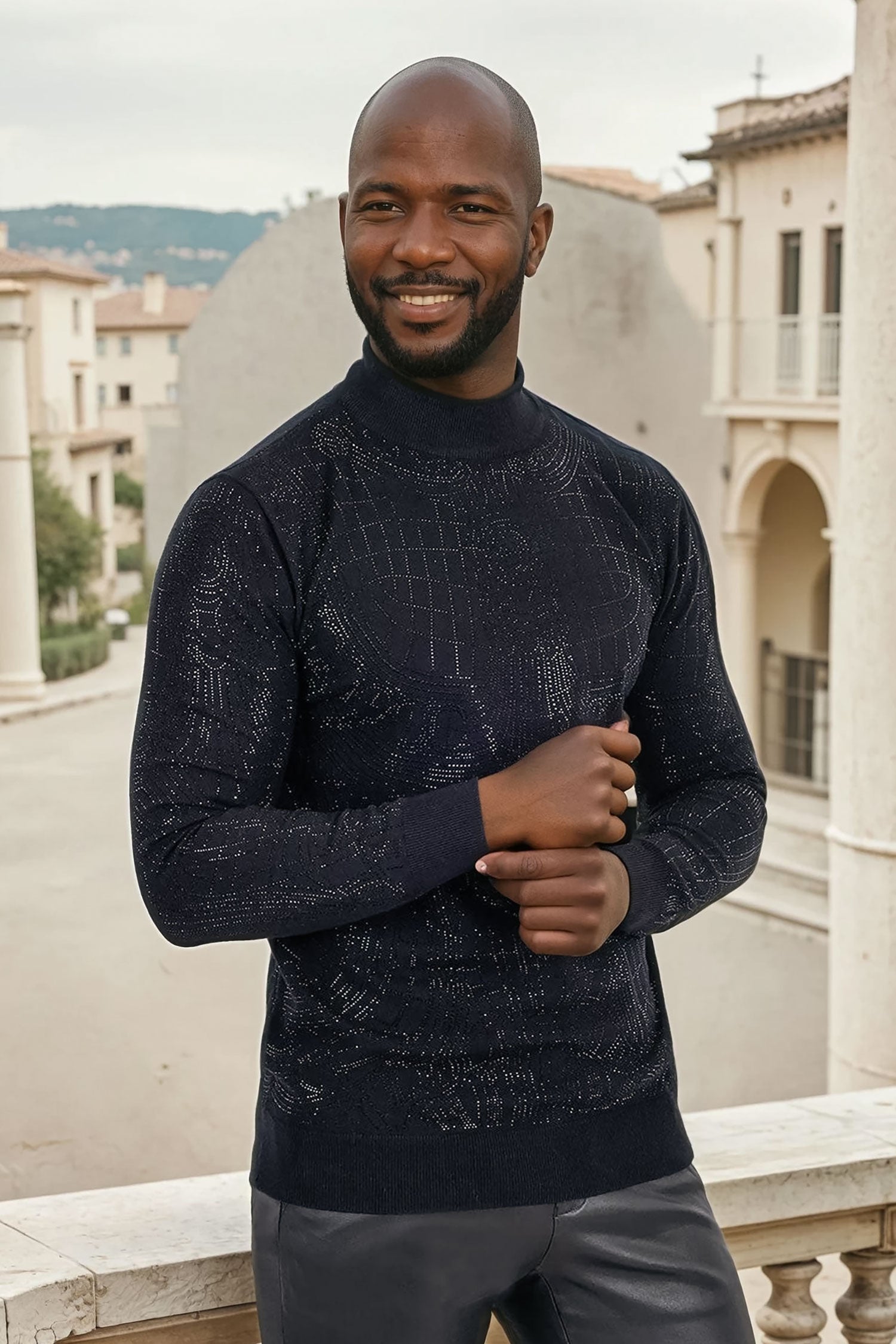 Barabas Men's Rhinestone Long Sleeve Turtleneck Sweater 3LS2107 Black Black