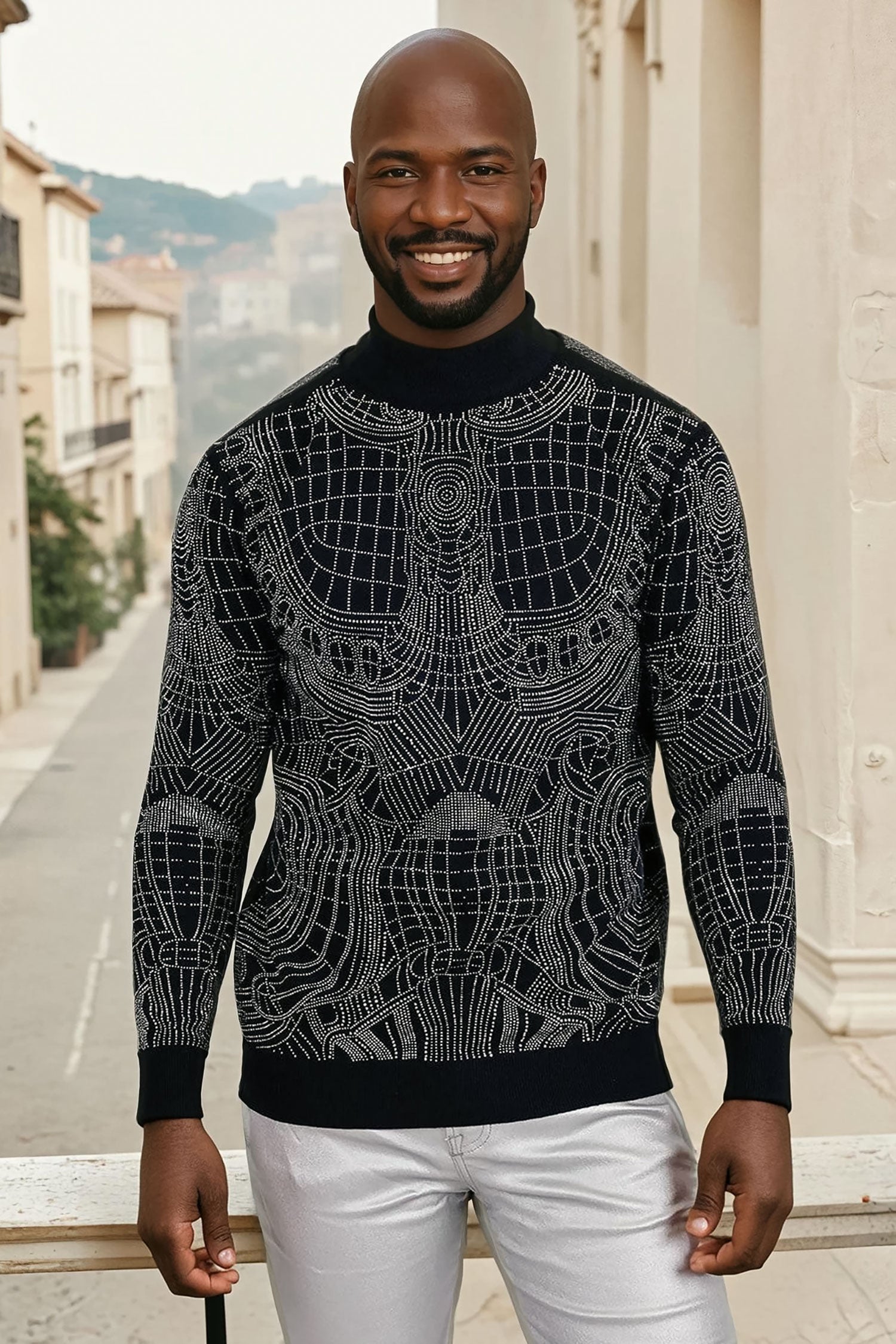 Barabas Men's Rhinestone Long Sleeve Turtleneck Sweater 3LS2107 Black Silver