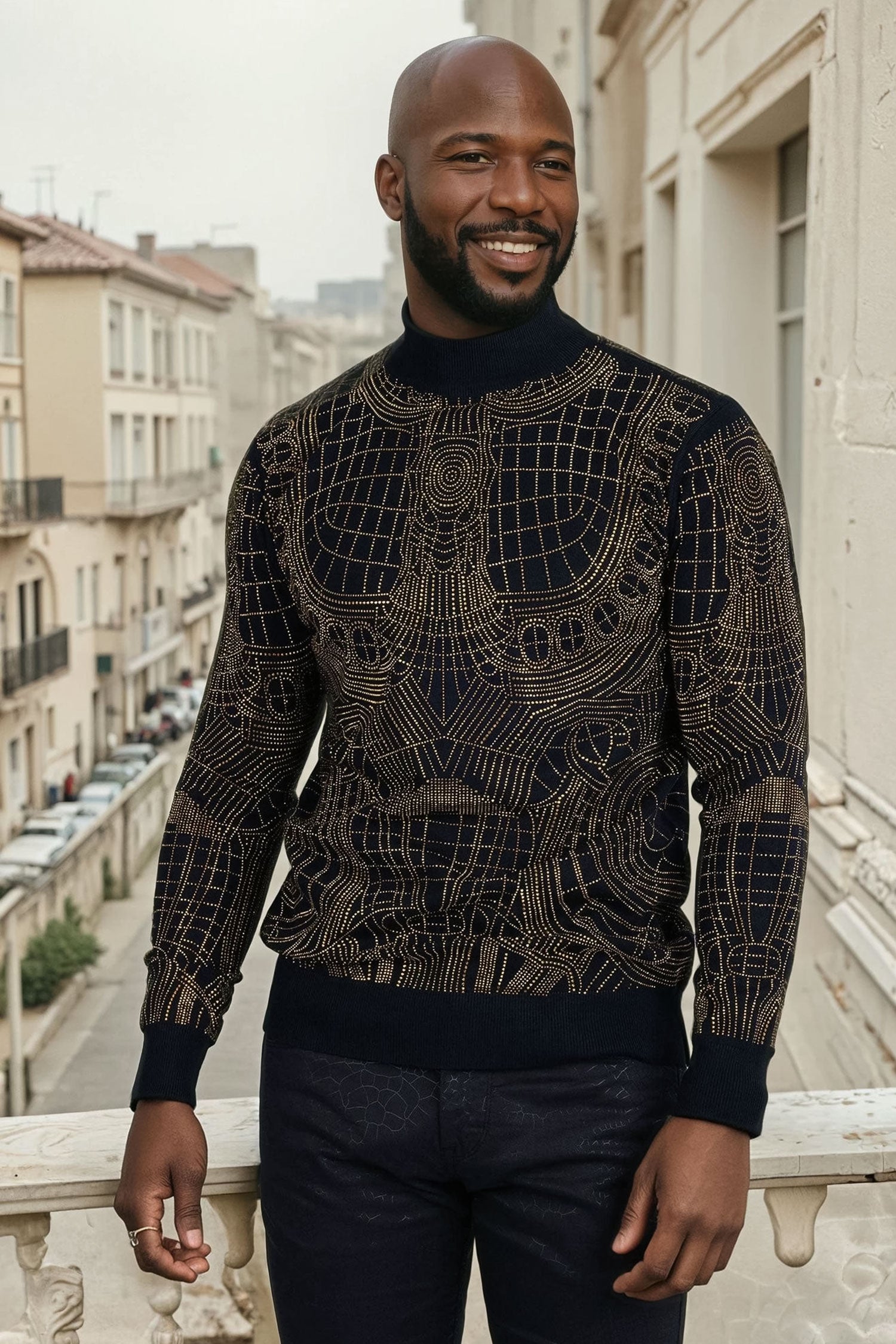 Barabas Men's Rhinestone Long Sleeve Turtleneck Sweater 3LS2107 Black Gold