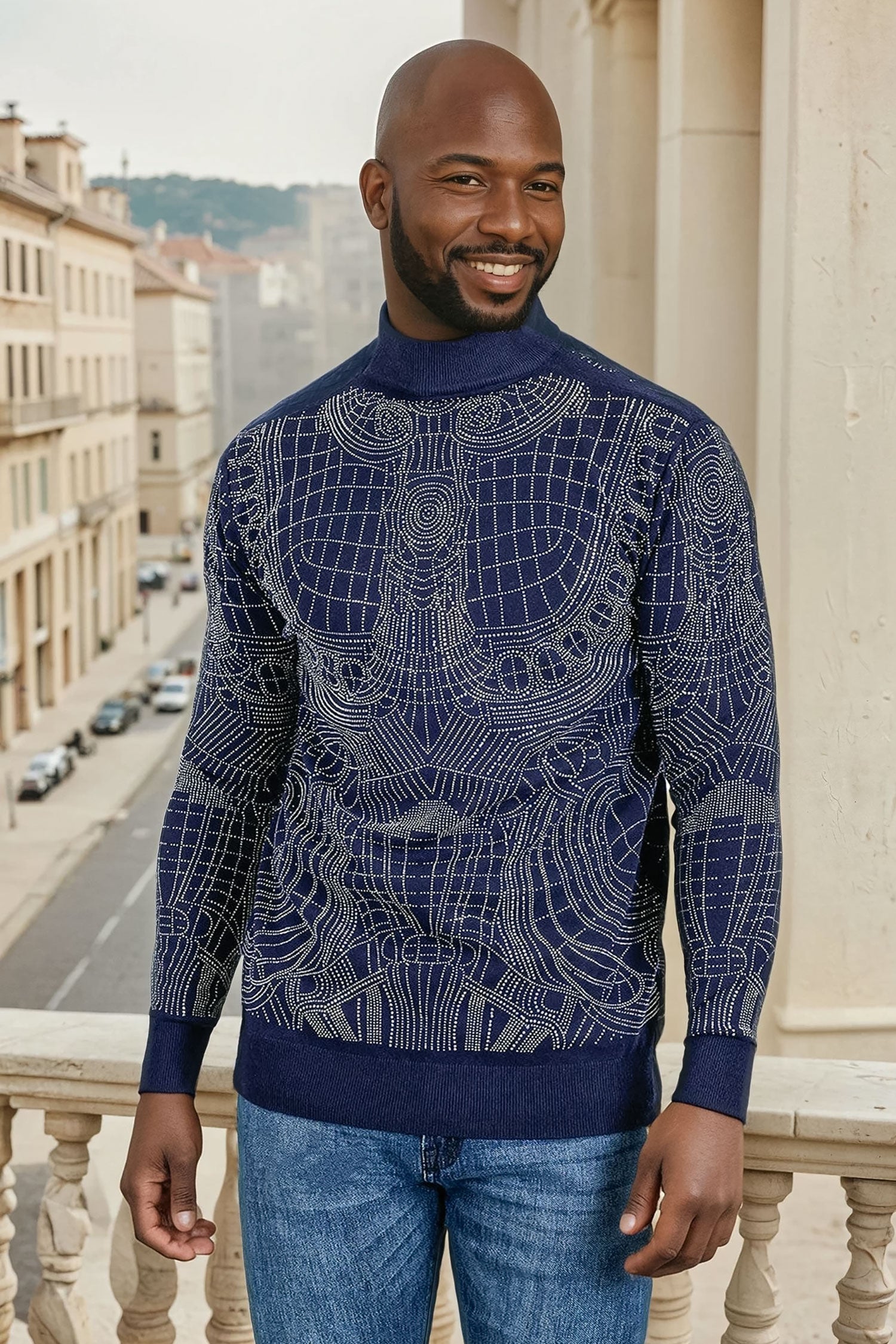 Barabas Men's Rhinestone Long Sleeve Turtleneck Sweater 3LS2107 Navy Silver