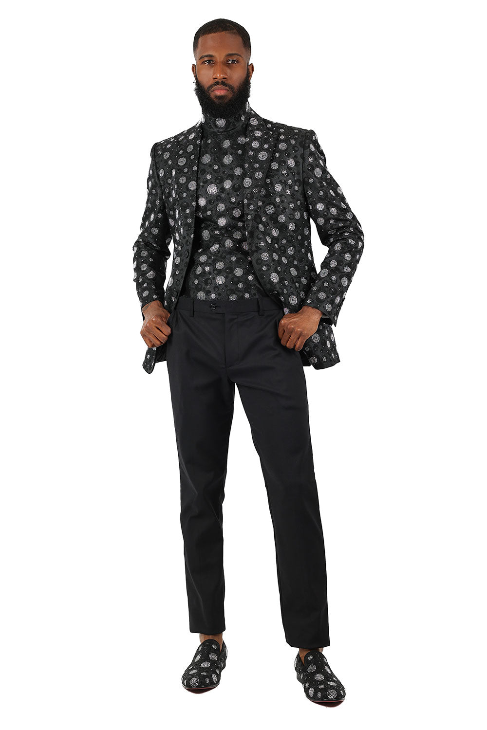 Barabas Men's Rhinestone Polka Dotted Satin Turtle Neck Shirt 3MT01