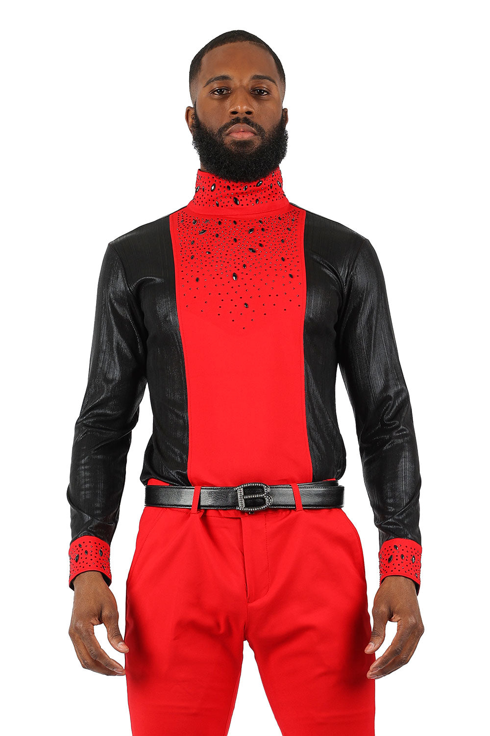 BARABAS Men's Luxury Rhinestone Long Sleeve Turtle Neck shirt 3MT04 Black and Red