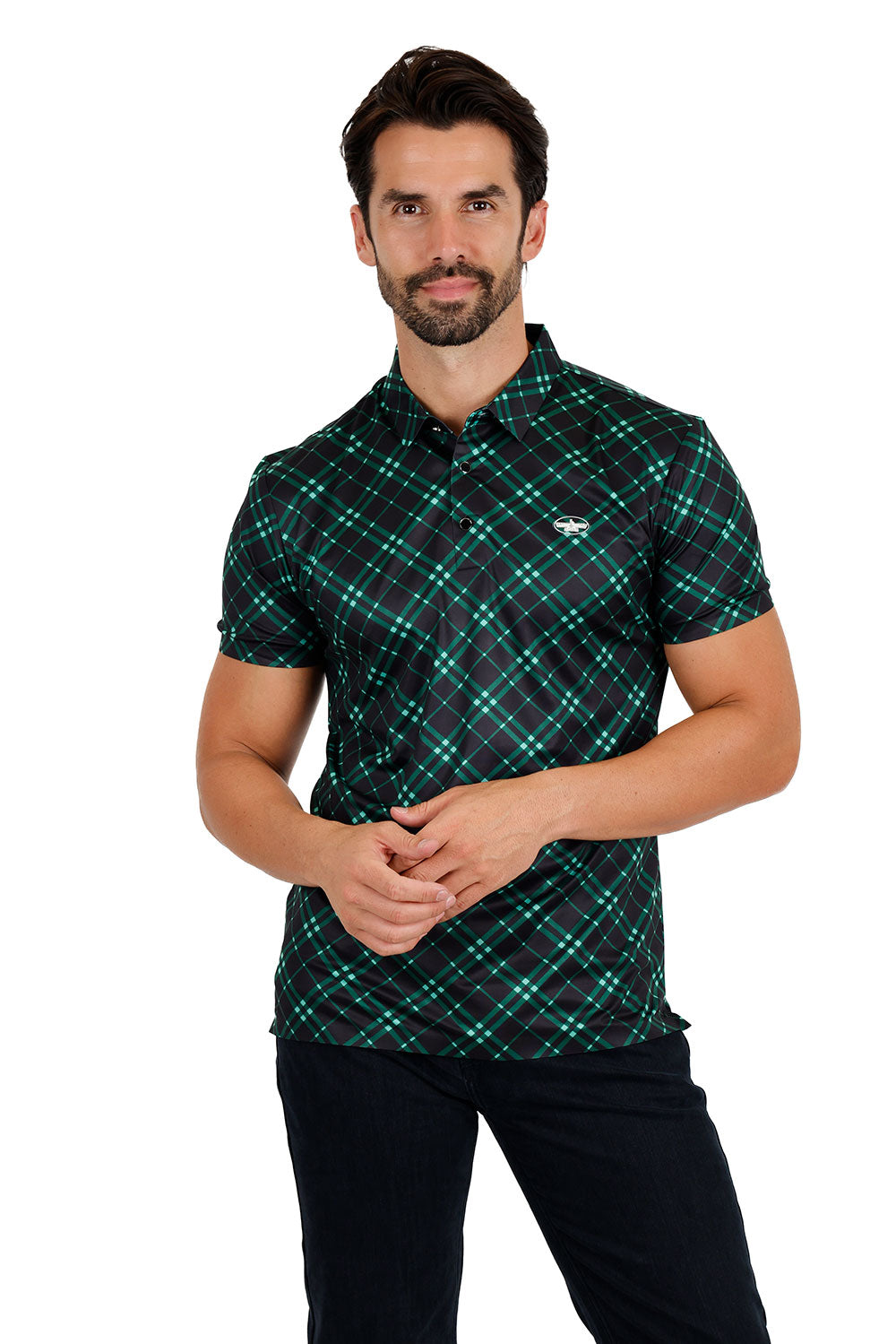 Barabas Men's Printed Shiny Diamond Polo Short Sleeve Shirts 3P06 Green Black