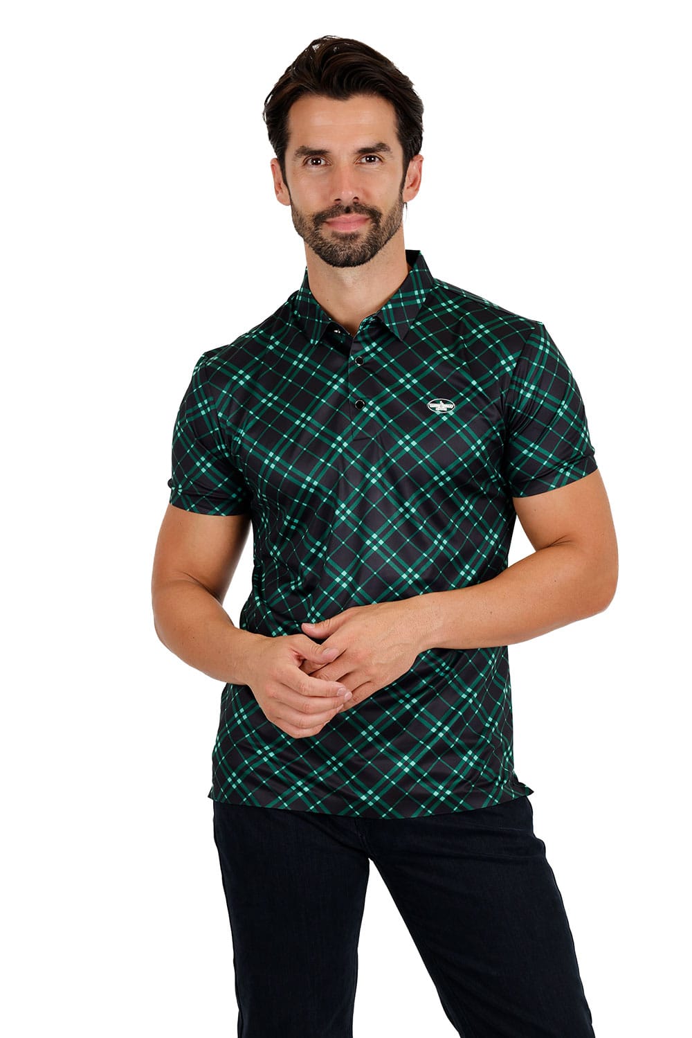 Barabas Men's Printed Shiny Diamond Polo Short Sleeve Shirts 3P06 Green Black