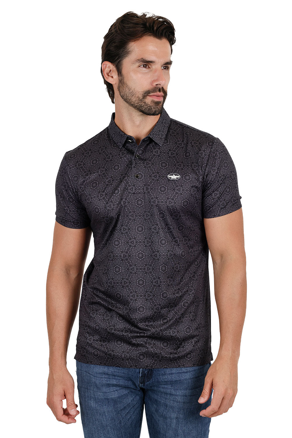 Barabas Men's Geometric Floral Shiny Short Sleeve Polo Shirts 3P08 Black Charcoal
