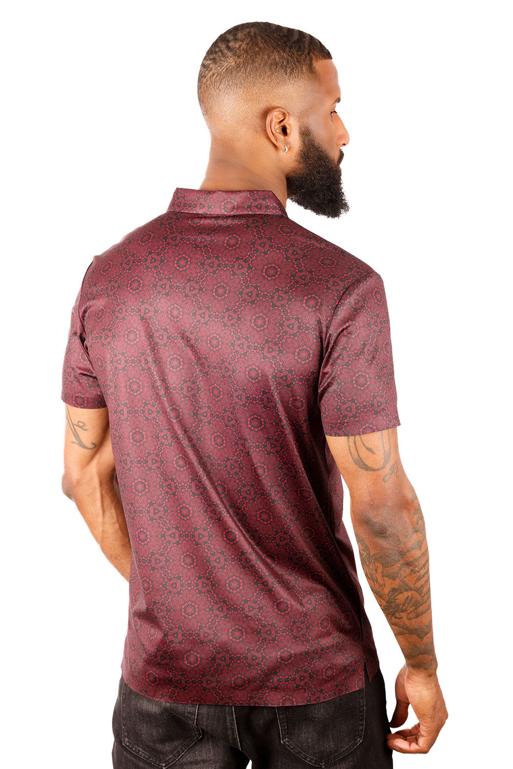 Barabas Men's Geometric Floral Shiny Short Sleeve Polo Shirts 3P08 Burgundy Black