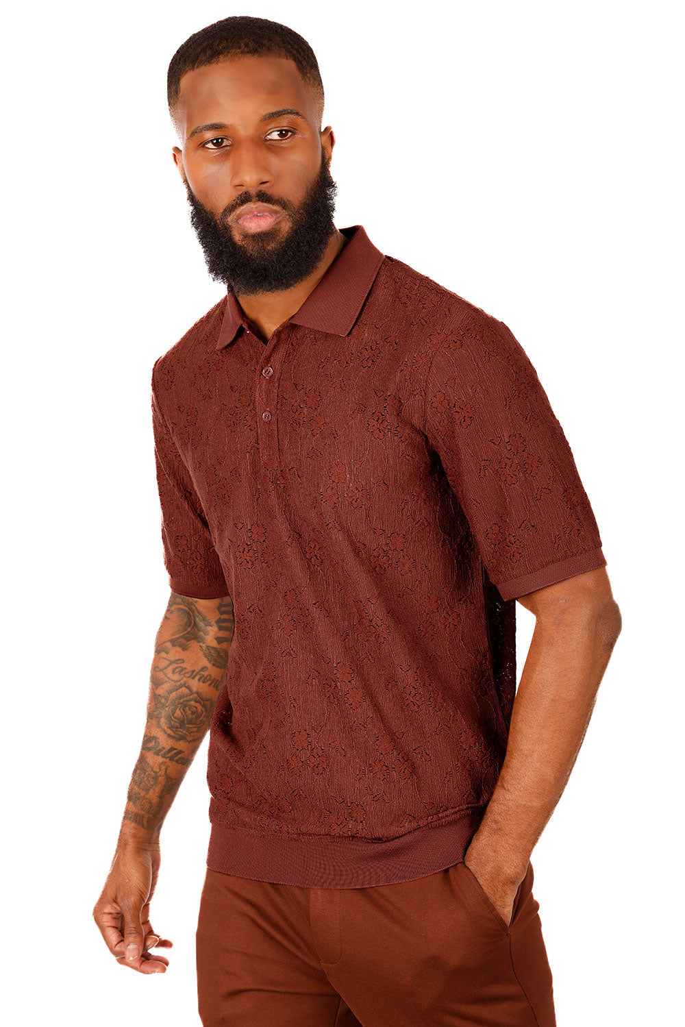 Barabas Men's French Crochet Floral Short Sleeve Polo Shirts 3P13 Astro Dust