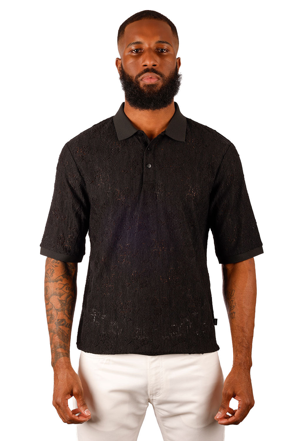 Barabas Men's French Crochet Floral Short Sleeve Polo Shirts 3P13 Black