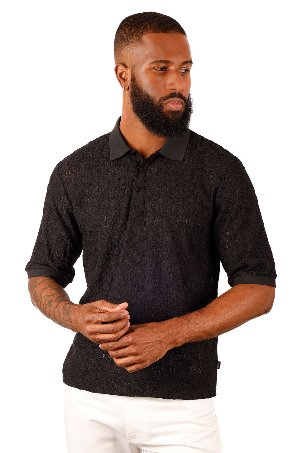 Barabas Men's French Crochet Floral Short Sleeve Polo Shirts 3P13 Black