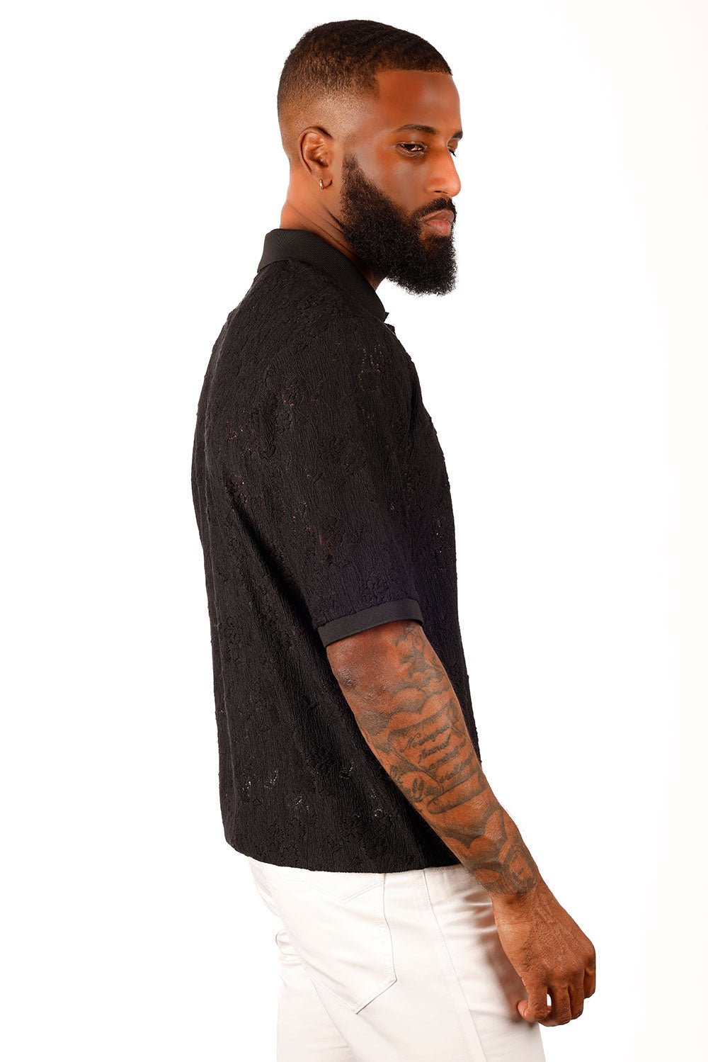 Barabas Men's French Crochet Floral Short Sleeve Polo Shirts 3P13 Black
