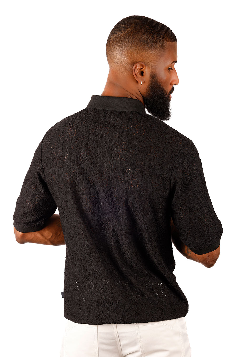 Barabas Men's French Crochet Floral Short Sleeve Polo Shirts 3P13 Black